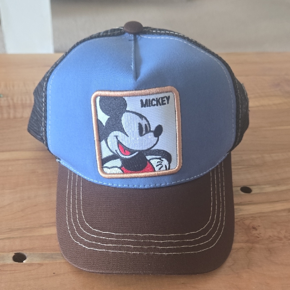 Blue and Brown Trucker Hat with Mickey Mouse Patch